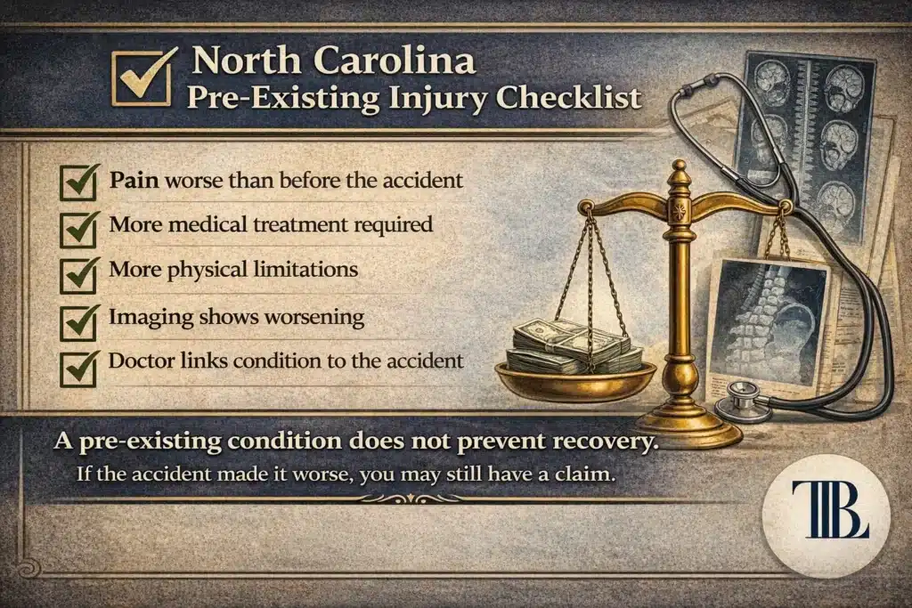 North Carolina pre-existing condition personal injury checklist showing when an aggravated injury may still qualify for a claim