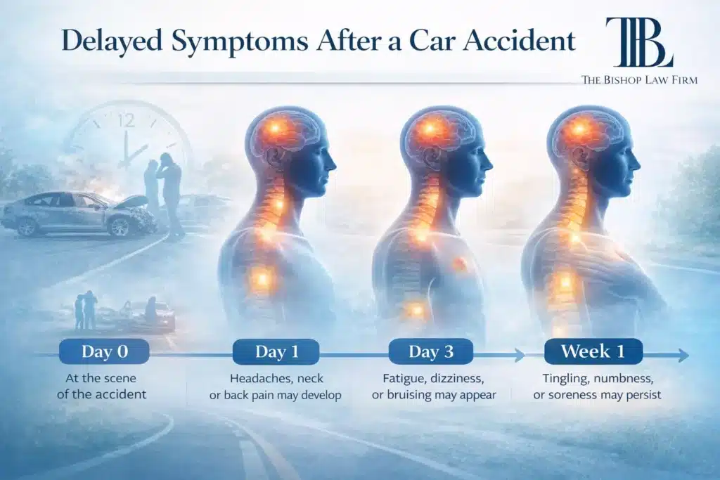 Diagram showing delayed symptoms after a car accident including brain and spinal injuries