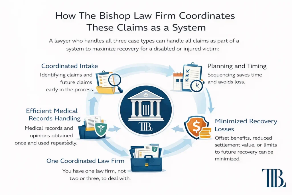 How a North Carolina lawyer coordinates workers compensation, social security disability, and personal injury claims to maximize recovery and avoid offsets and loss