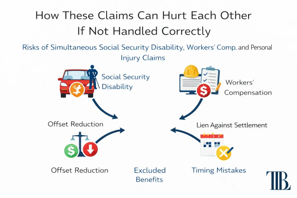How workers compensation, social security disability, and personal injury claims affect each other in North Carolina including offsets, liens, and timing risks