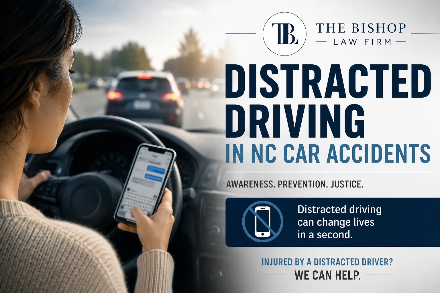 Driver looking at a cellphone while driving in traffic illustrating distracted driving in North Carolina car accidents with The Bishop Law Firm branding.