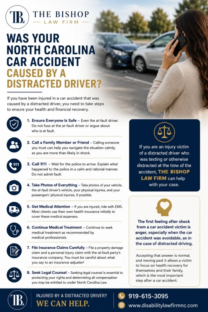 Infographic from The Bishop Law Firm explaining steps to take after a North Carolina car accident caused by a distracted driver, including calling 911, documenting injuries, seeking medical treatment, and protecting legal rights.