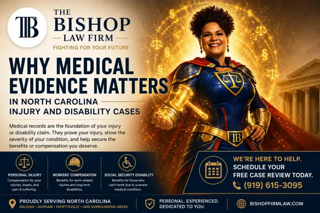 Lady Law superhero image for The Bishop Law Firm article explaining why medical evidence matters in North Carolina personal injury, workers’ compensation, and Social Security Disability cases.