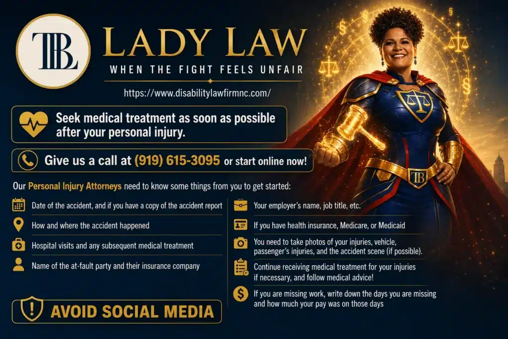 Lady Law accident checklist from The Bishop Law Firm for Winston-Salem personal injury victims explaining what to do after an accident, including seeking medical treatment, gathering evidence, documenting lost wages, avoiding social media, and contacting an attorney.