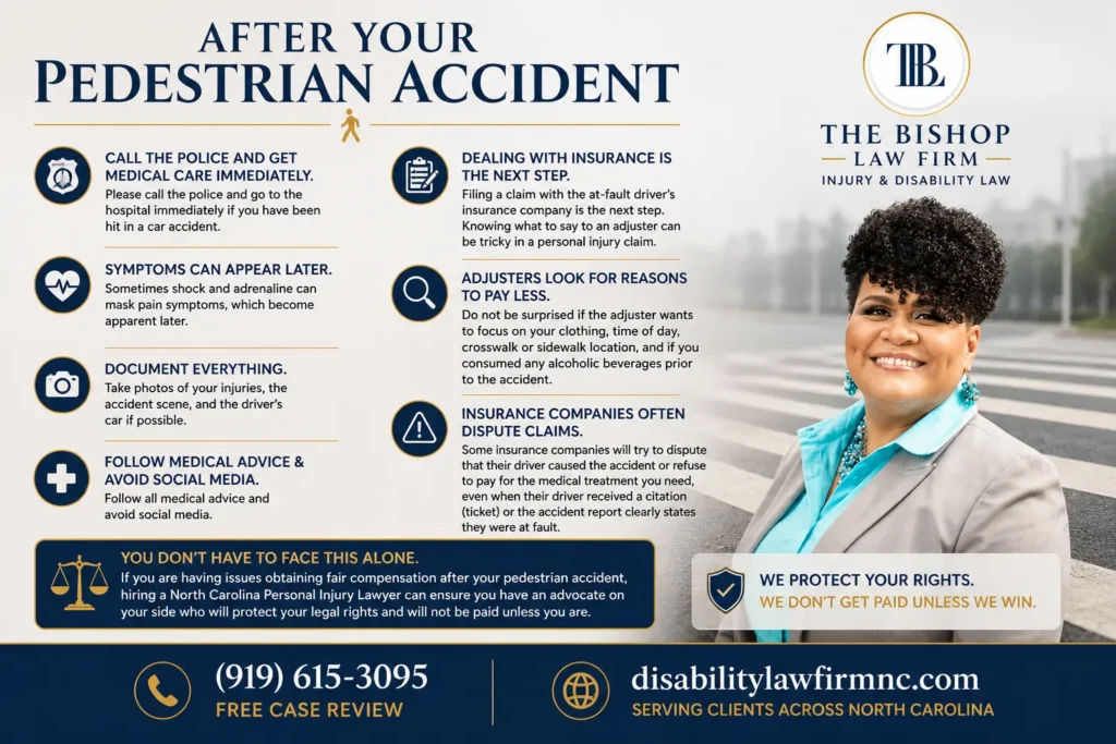Infographic from The Bishop Law Firm explaining what to do after a North Carolina pedestrian accident, including seeking immediate medical care, documenting the accident, dealing with insurance adjusters, protecting your legal rights, and obtaining a free case review.