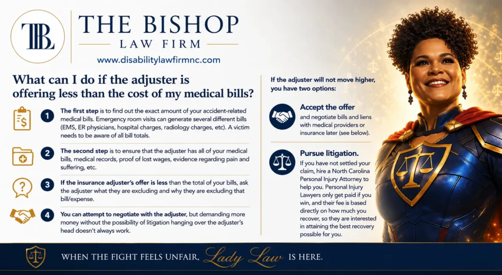 Infographic explaining what to do when a North Carolina personal injury settlement offer is less than your medical bills.