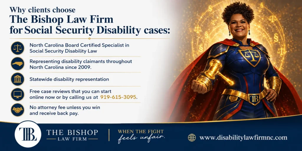 Why clients choose The Bishop Law Firm for Social Security Disability cases in North Carolina, featuring Board Certified Specialist Kimberly Bishop and key reasons to hire the firm.
