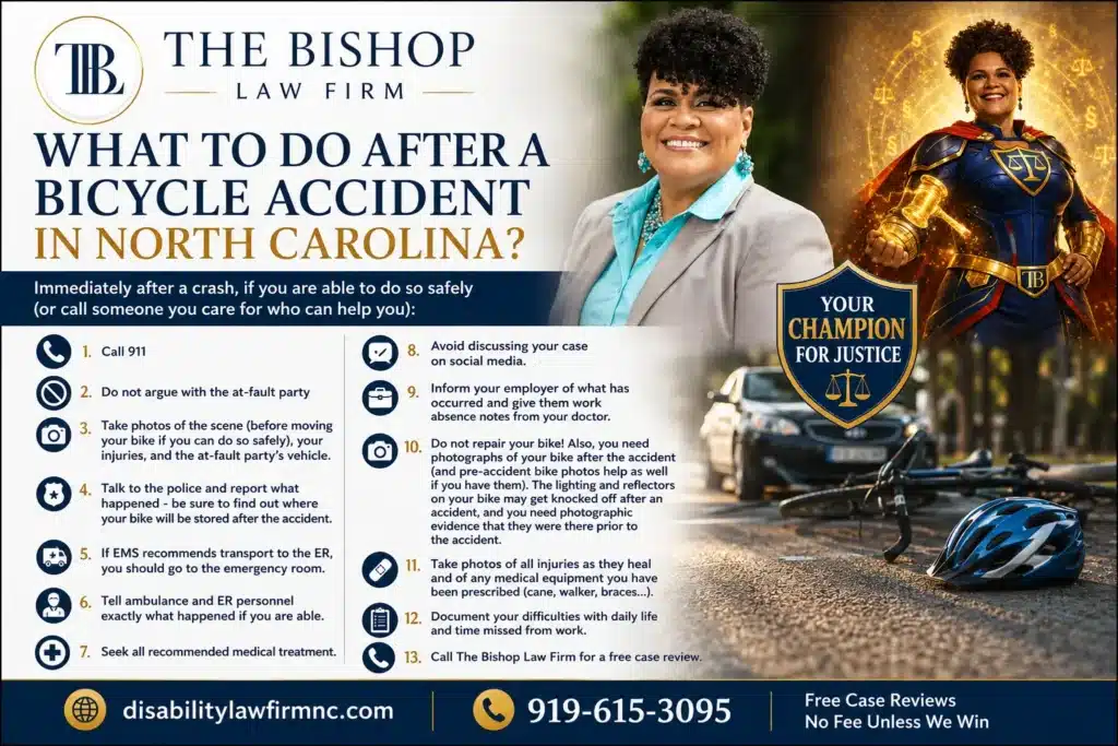 North Carolina Bicycle Accident Lawyer infographic explaining what to do after a bicycle accident, including preserving evidence, seeking medical treatment, documenting injuries, and contacting The Bishop Law Firm.