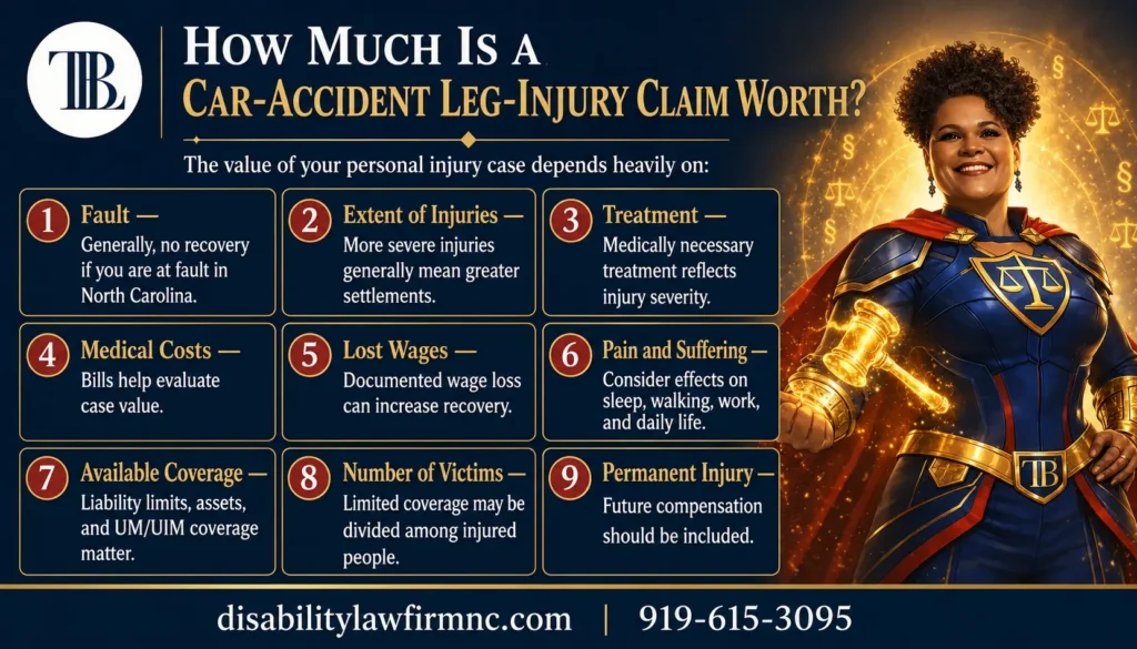 Nine factors affecting the value of a North Carolina car accident leg injury claim, including fault, injury severity, medical treatment, lost wages, pain and suffering, insurance coverage, and permanent injury.