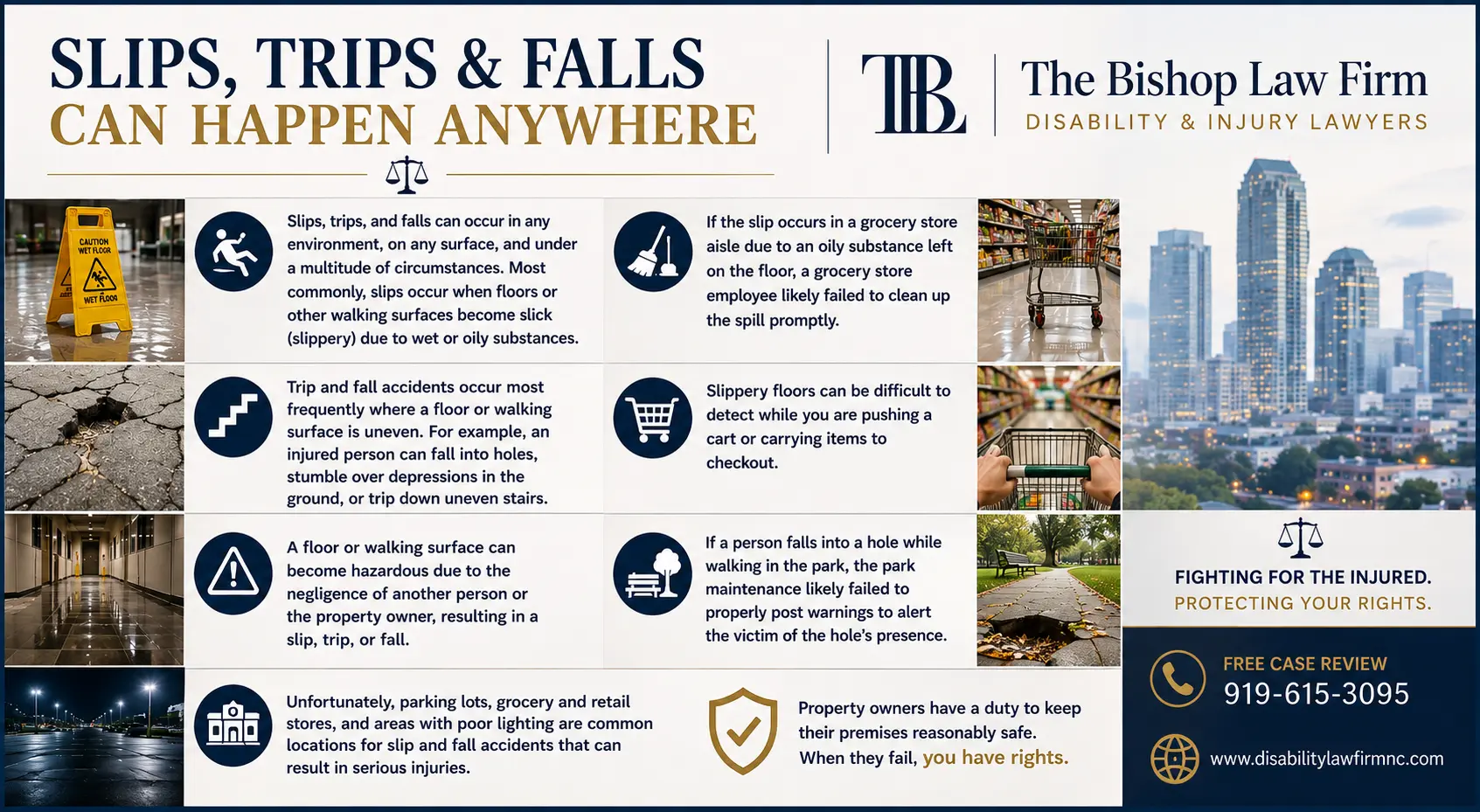 Common slip, trip and fall hazards including wet floors, uneven surfaces, parking lots and grocery stores in North Carolina