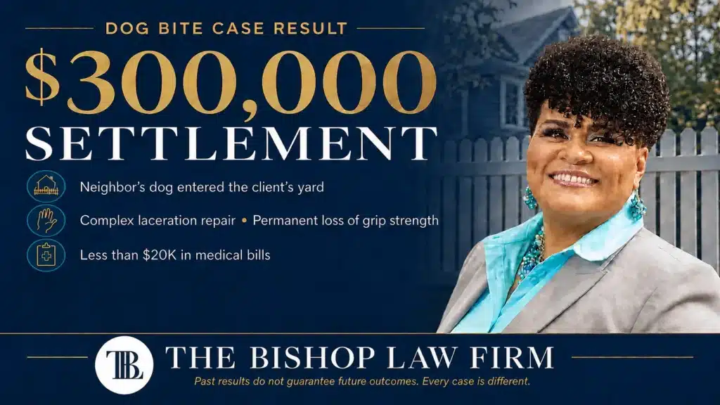 The Bishop Law Firm secured a $300,000 settlement for a North Carolina dog-bite client who required complex laceration repair and suffered permanent loss of grip strength.