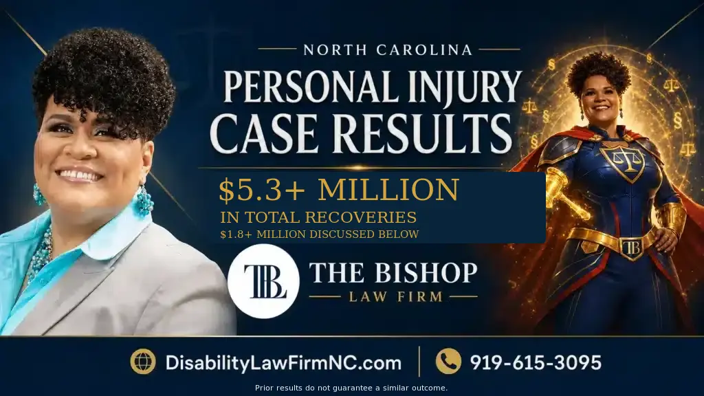 The Bishop Law Firm’s North Carolina personal injury case results, showing over $5.3 million in total recoveries and $1.8 million in recoveries discussed on the page.