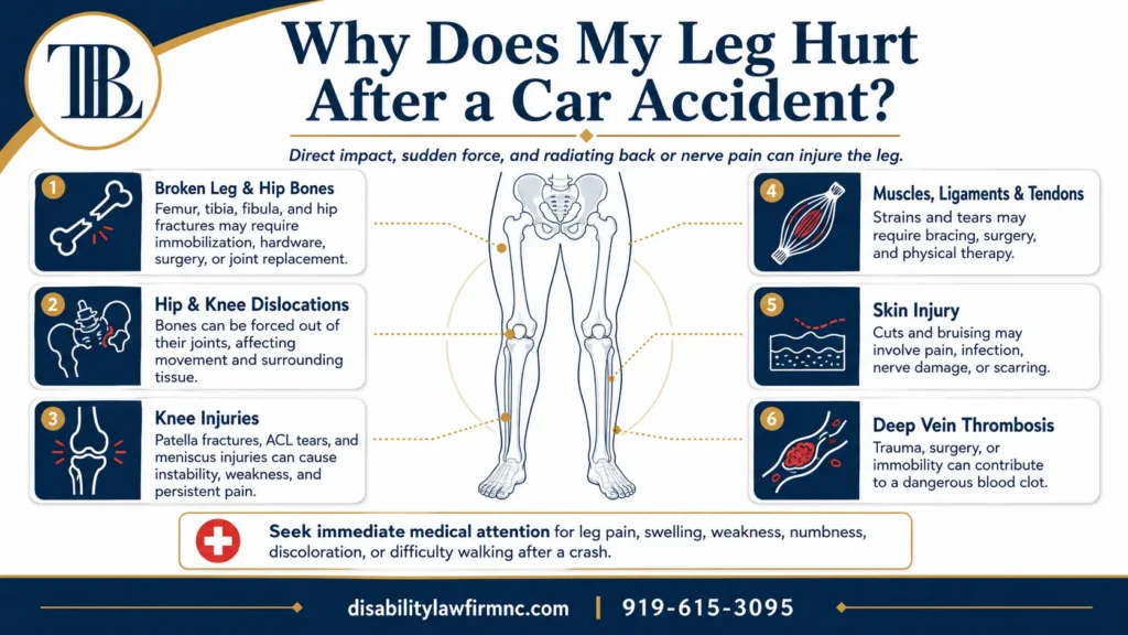 Common causes of leg pain after a car accident, including broken leg and hip bones, dislocations, knee injuries, muscle and tendon tears, skin injuries, and deep vein thrombosis.